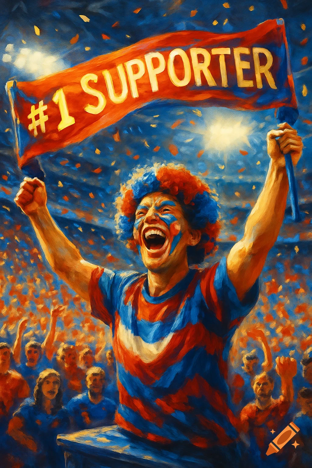 A jubilant fan with face paint and a colorful wig raises a red banner that reads "#1 SUPPORTER" over a cheering crowd in a stadium, in a painterly style.
