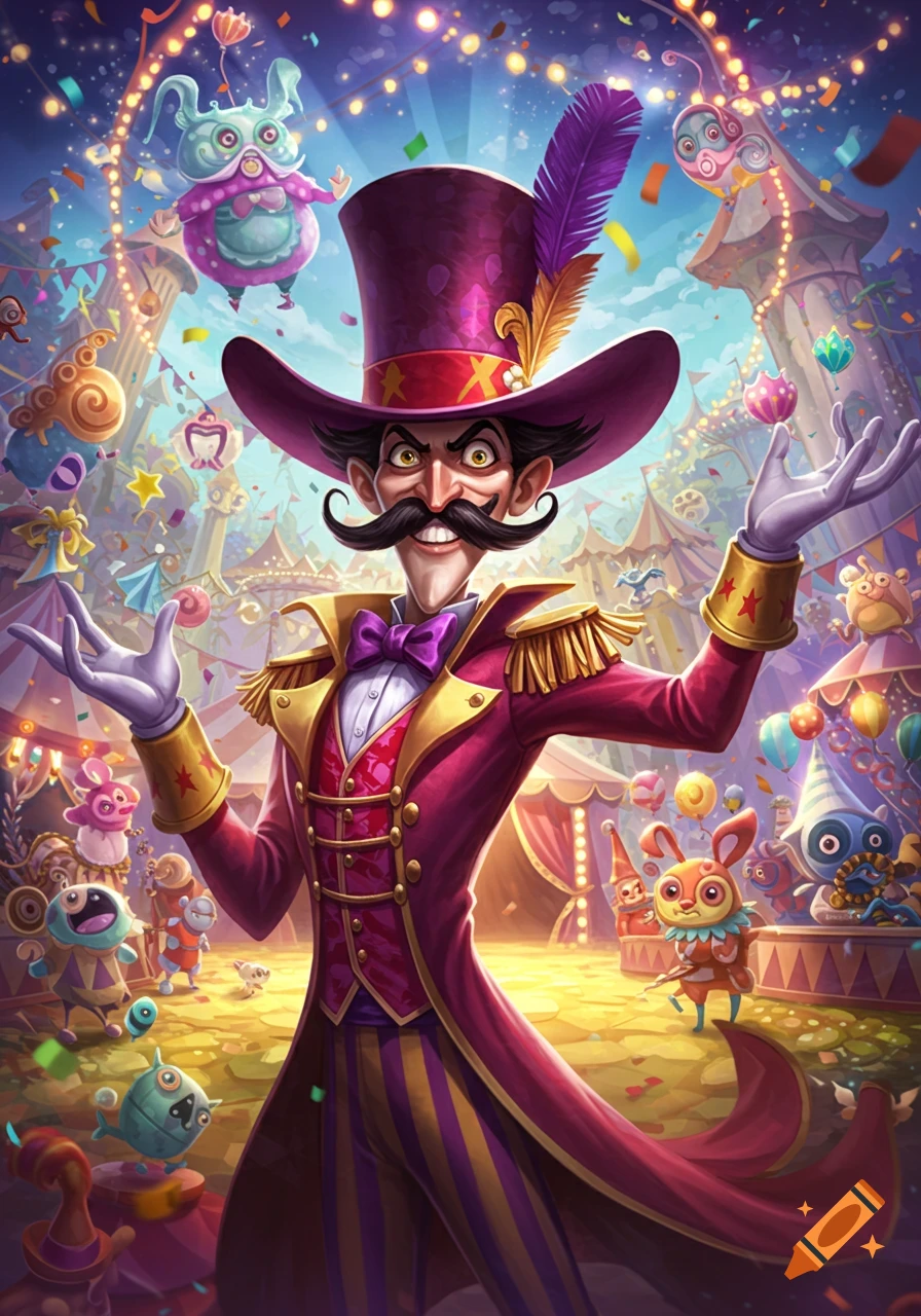 A cartoonish ringmaster in a purple top hat and red coat with a mustache, surrounded by colorful, whimsical creatures in a vibrant circus.