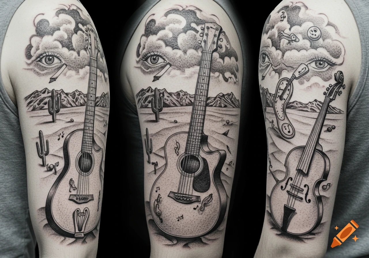 Black and white surreal tattoo with eyes in clouds, desert, musical instruments, and a melting clock on an arm.