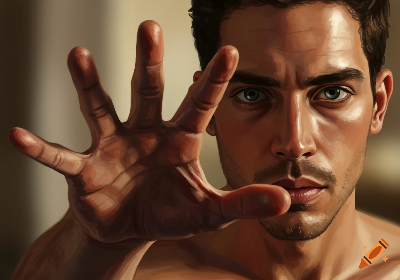 Digital painting of a man reaching his hand towards the viewer.