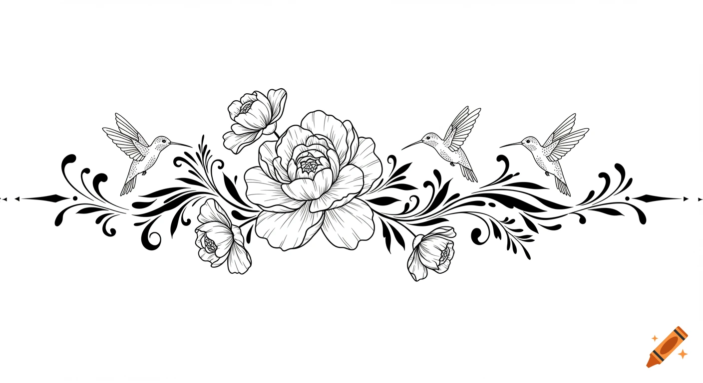 Black outline drawing of a floral design with a large central flower, smaller flowers, elegant vines, and three hummingbirds flying around.