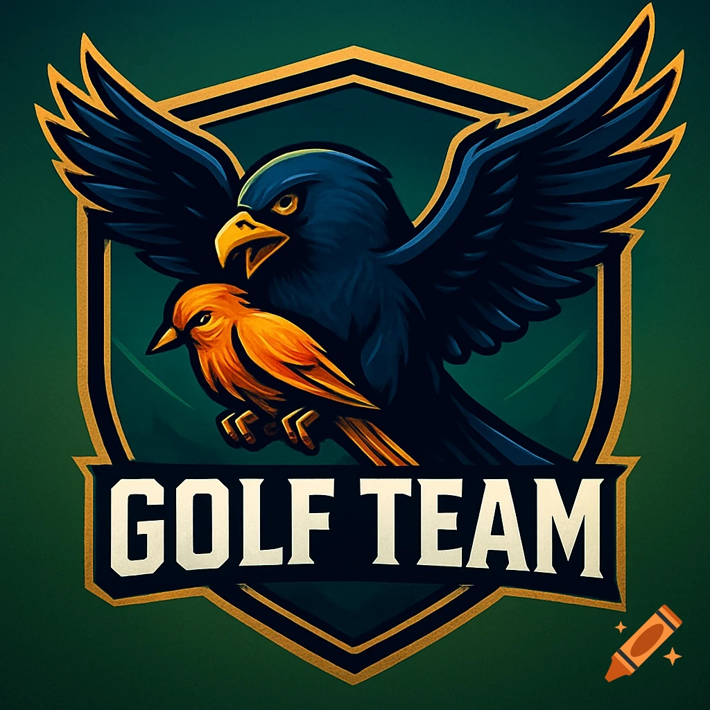 A golf team logo featuring a dark blue predatory bird with spread wings above a smaller orange bird, all within a green and gold shield.