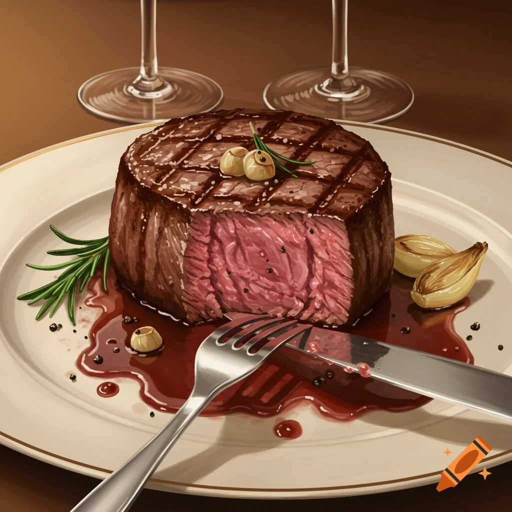A perfectly cooked medium-rare filet mignon steak with grill marks, rosemary, and roasted garlic on a white plate with a knife and fork, surrounded by a rich red sauce. Wine glasses are blurred in the background.