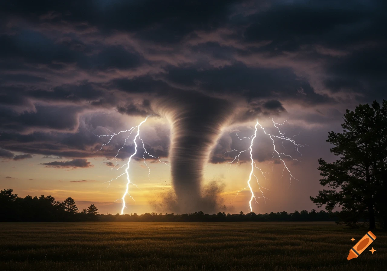 A massive tornado touching down in a field at sunset, with lightning striking from the stormy sky.