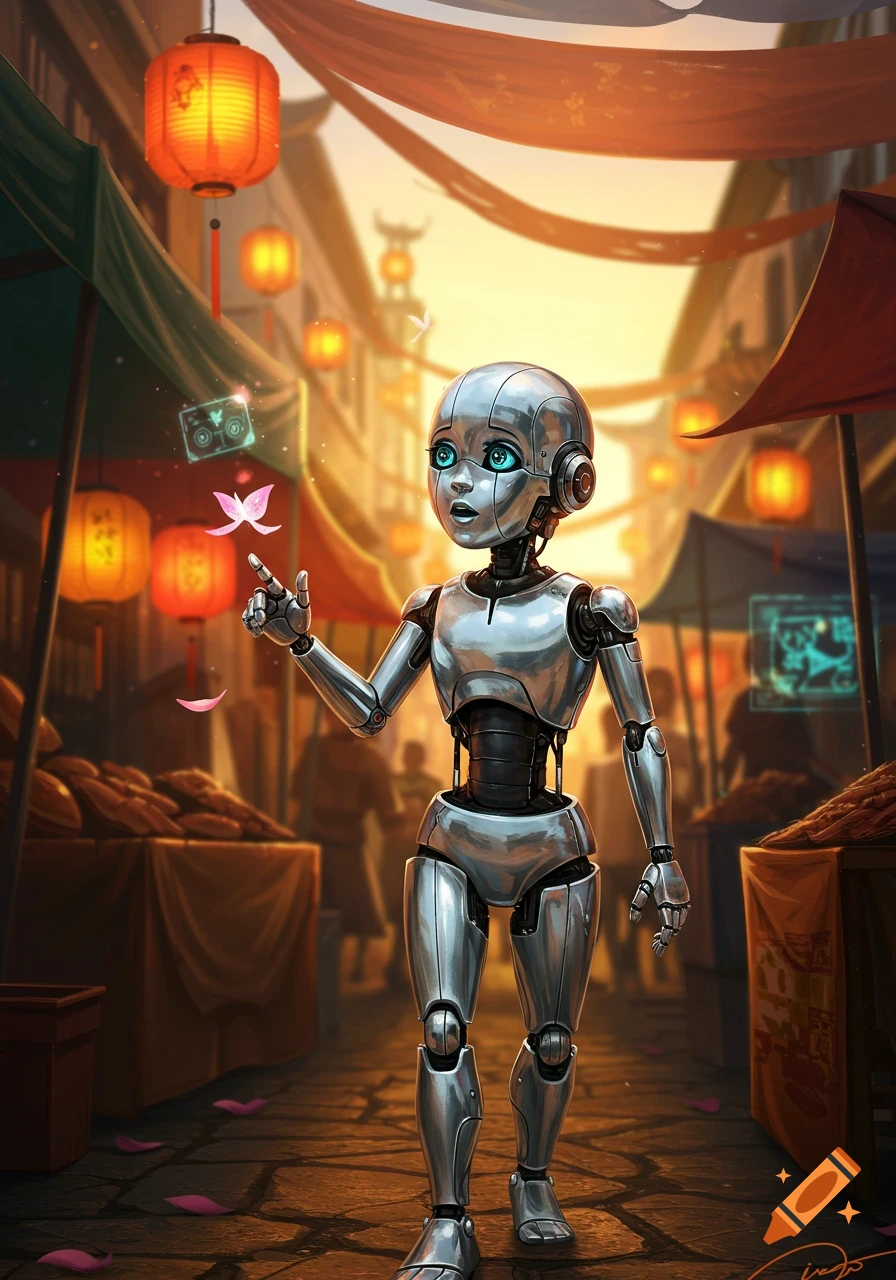 A young silver robot girl with blue eyes explores a vibrant market street with hanging lanterns and vendor stalls.