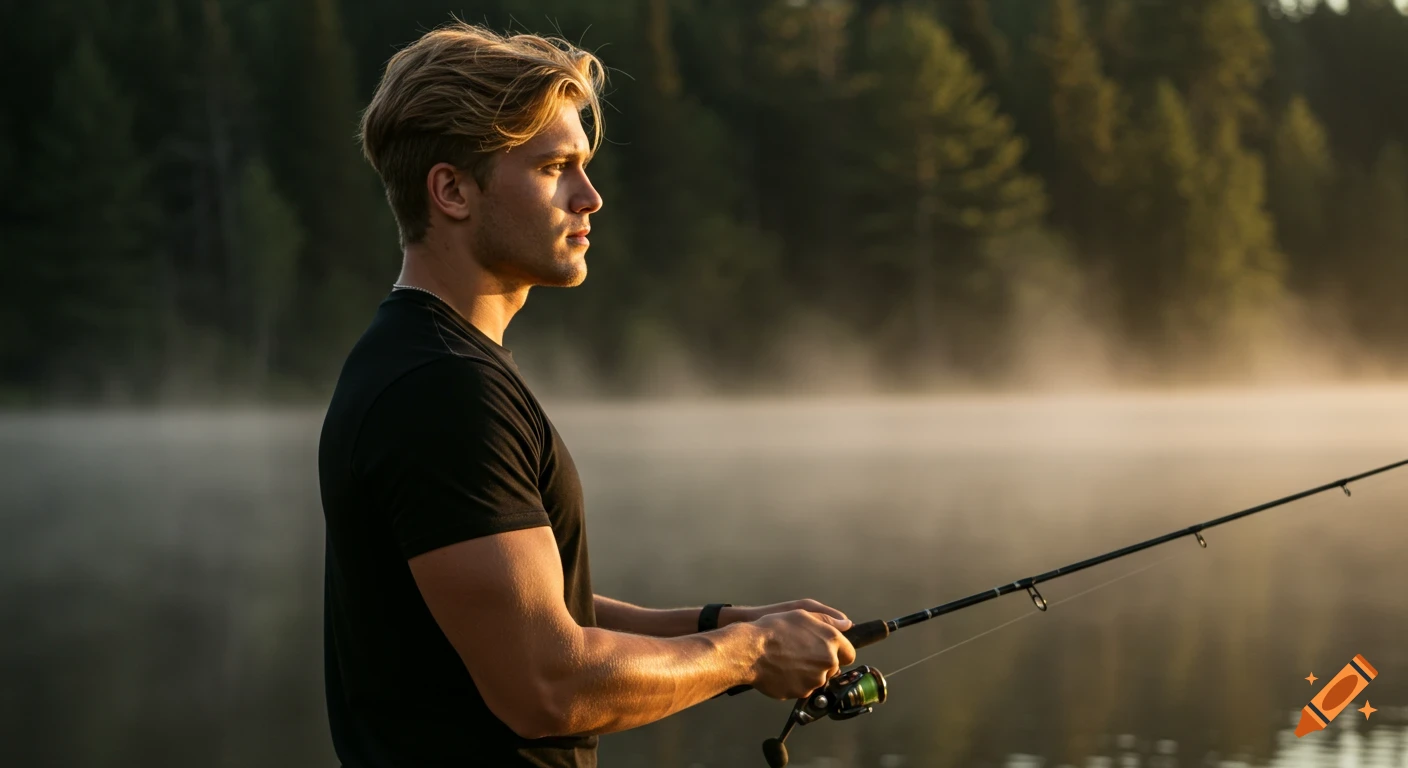 A young man with blonde hair fishing at a serene, misty lake during golden hour.