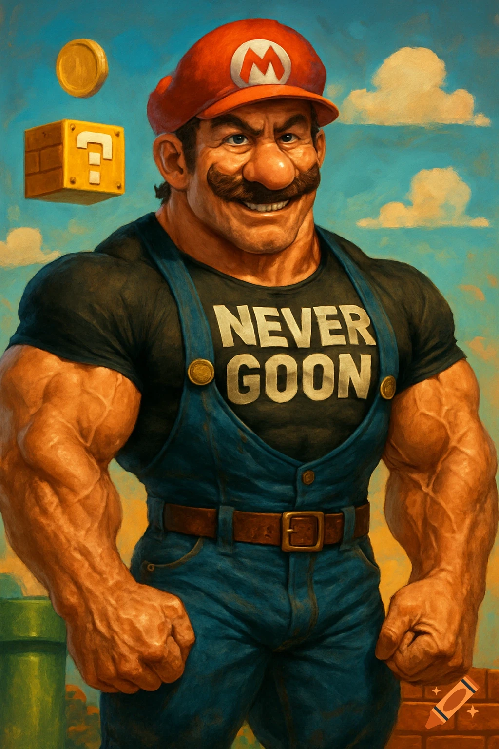 A highly muscular Super Mario with a red cap and blue overalls, wearing a black t-shirt that reads "NEVER GOON". A coin and a question block float in the sky behind him.