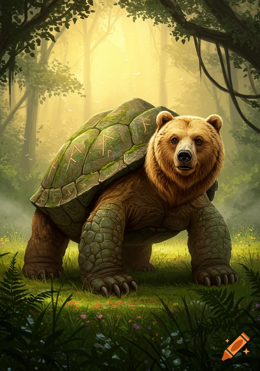 A bear with a turtle shell walking through a sunlit forest.