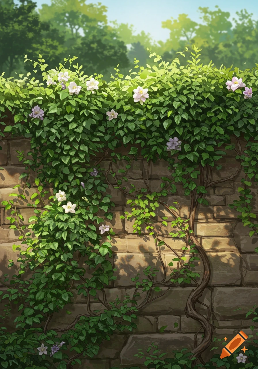 An illustrated stone wall covered in green vines and scattered white and purple flowers with trees in the background.