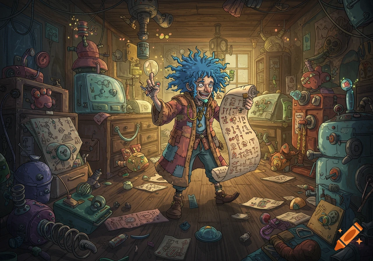A cartoonish inventor with wild blue hair holds a long scroll of nonsensical symbols in a cluttered laboratory filled with strange contraptions.