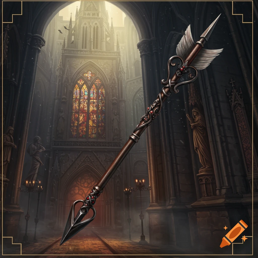 An ornate, feathered arrow with red jewels stands upright in a grand gothic cathedral with stained glass windows.