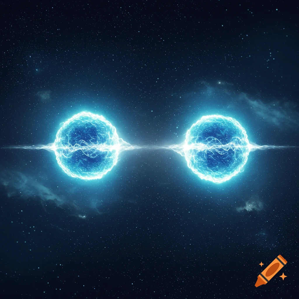 Two bright blue glowing energy orbs connected by a thin white beam against a dark starry space background.