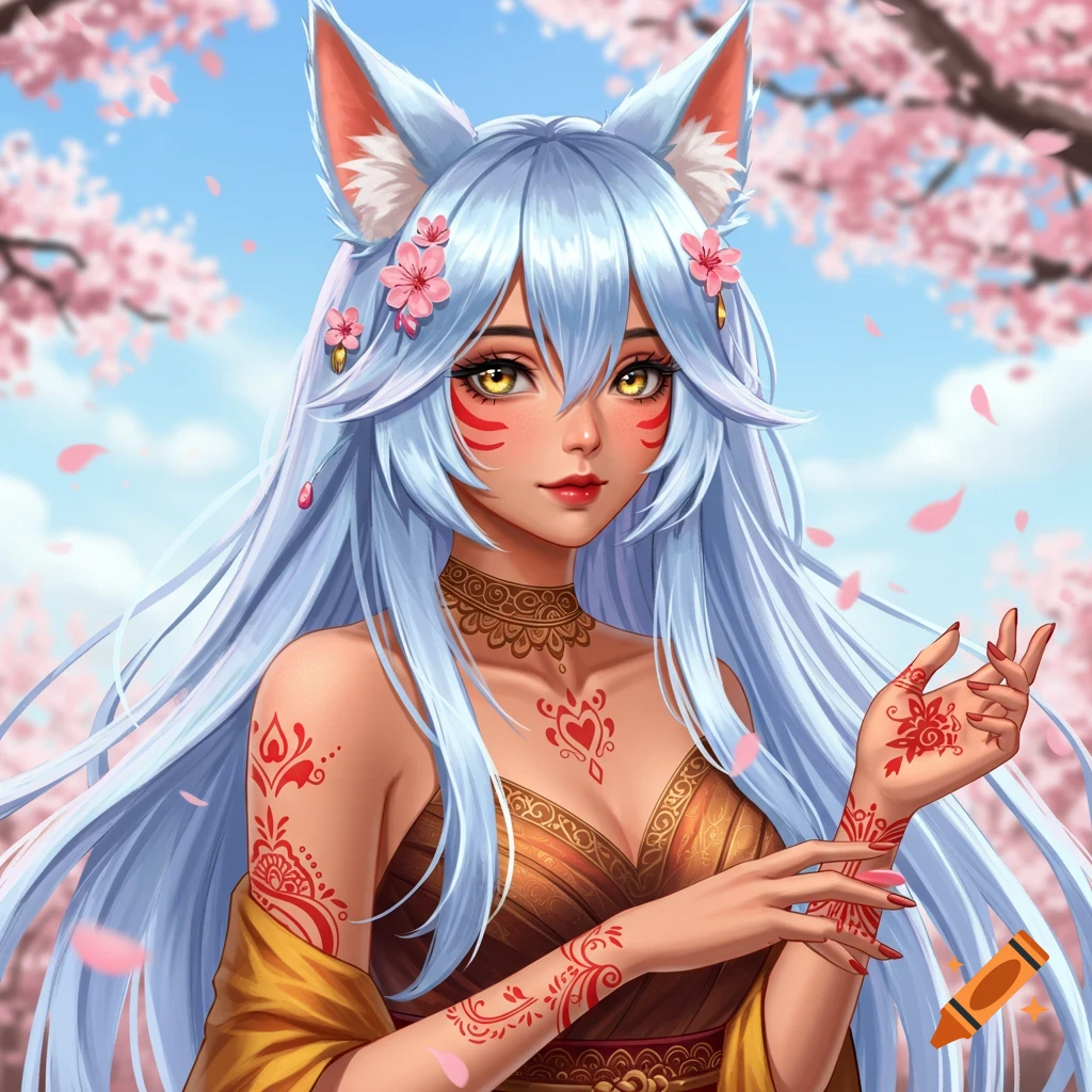 An anime character with long light blue hair, fox ears, golden eyes, and red face markings. She wears a brown and gold Indian-style outfit with red henna-like body art. Cherry blossoms drift in a blue sky background.