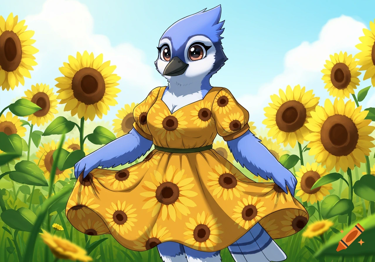 A cute cartoon female bluejay in a sunflower dress stands in a field of sunflowers under a bright blue sky.