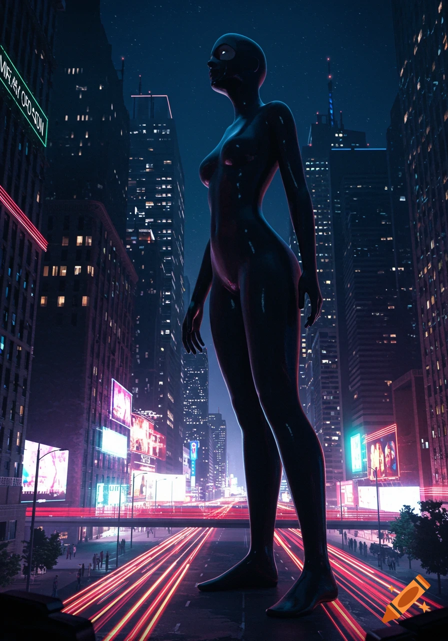 Giant woman in a black zentai suit stands on a highway in a futuristic city at night, with neon lights and light trails.