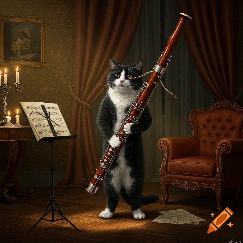 A tuxedo cat stands in an ornate room, holding a large bassoon, with sheet music on a stand.