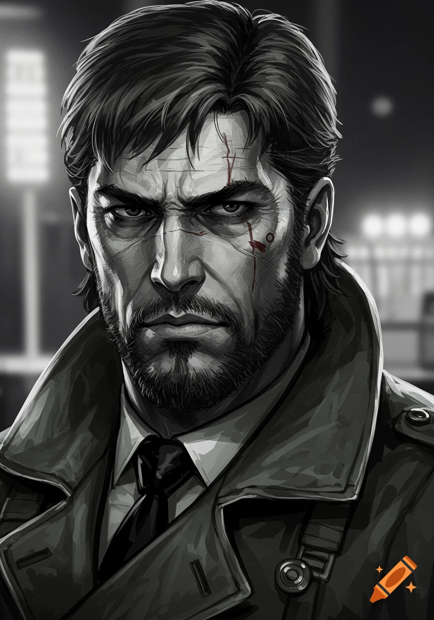 A gritty, monochrome digital painting portrait of a man with short dark hair, a beard, and scars on his face, wearing a trench coat and tie.
