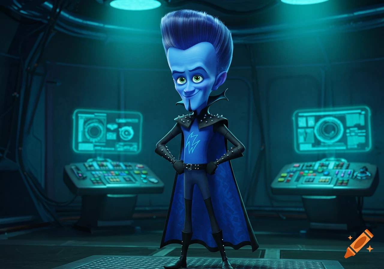 Megamind with a high top haircut standing in a dark, futuristic control room in 3D animated style.