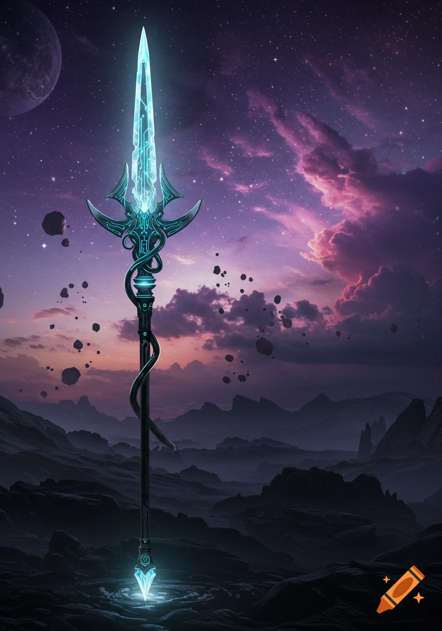 A glowing, ornate sci-fi lance stands on a rocky alien planet under a vibrant purple starry sky with a moon and asteroids.