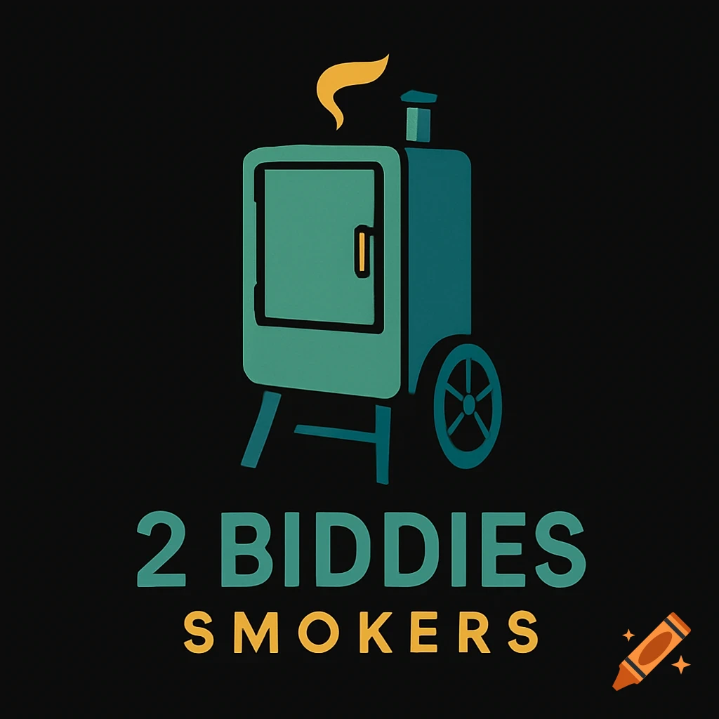 A logo featuring a stylized green smoker with orange smoke rising, above the text "2 BIDDIES" in green and "SMOKERS" in orange, all on a black background.