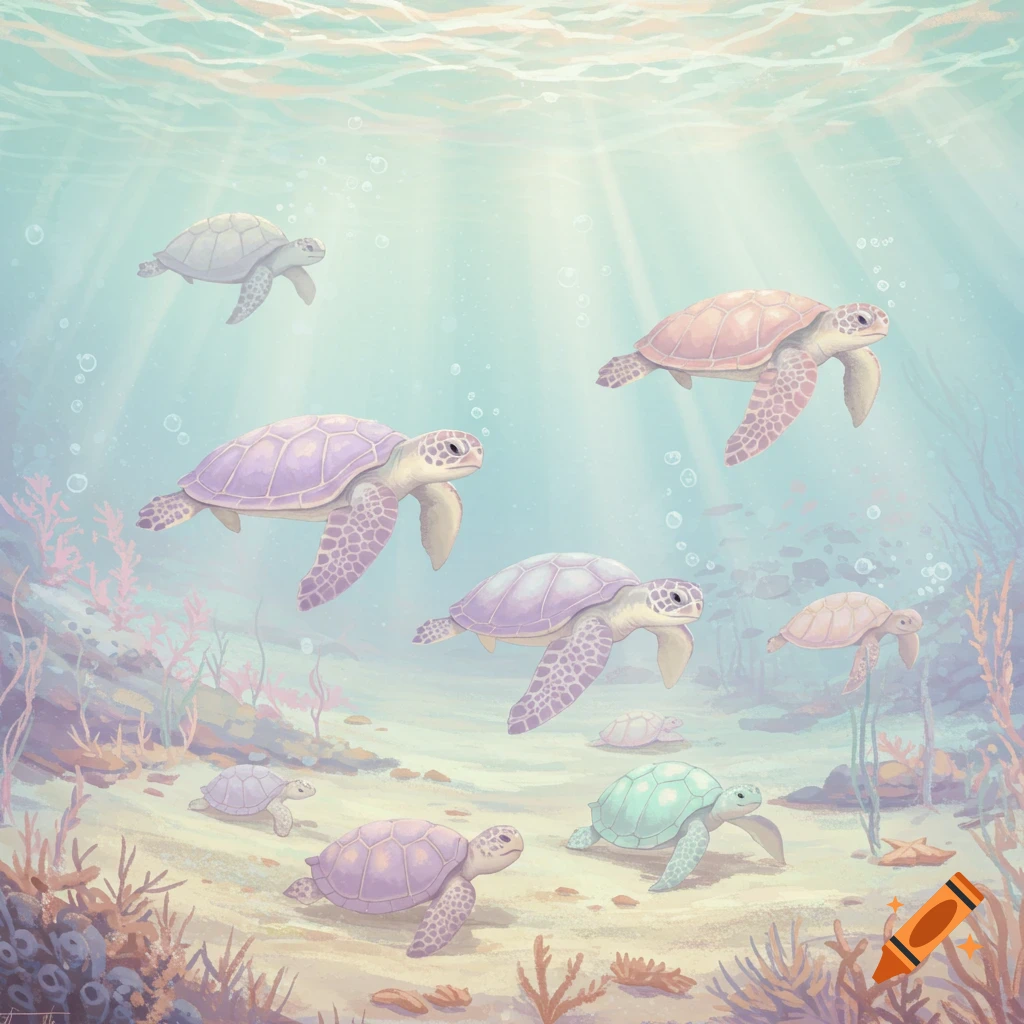 Multiple pastel-colored sea turtles swim and rest on the ocean floor, bathed in sunrays in a calm underwater scene.