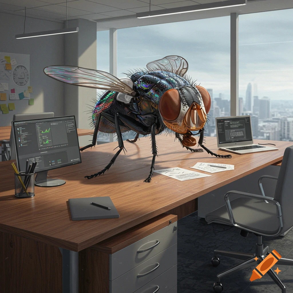 A giant, photorealistic fly stands on an office desk with computers, appearing to be the boss.