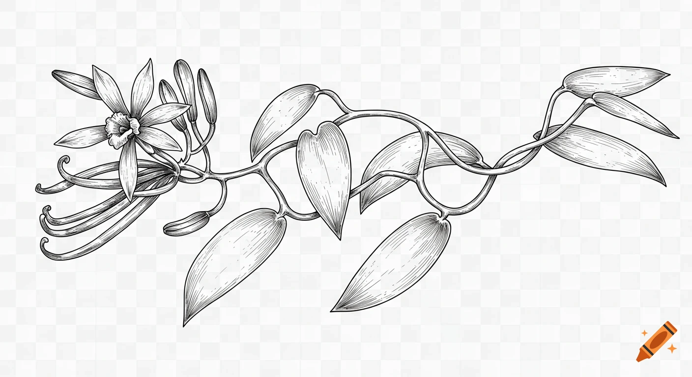 Black and white vintage botanical illustration of a vanilla bean plant with a flower, buds, and pods, on a transparent background.