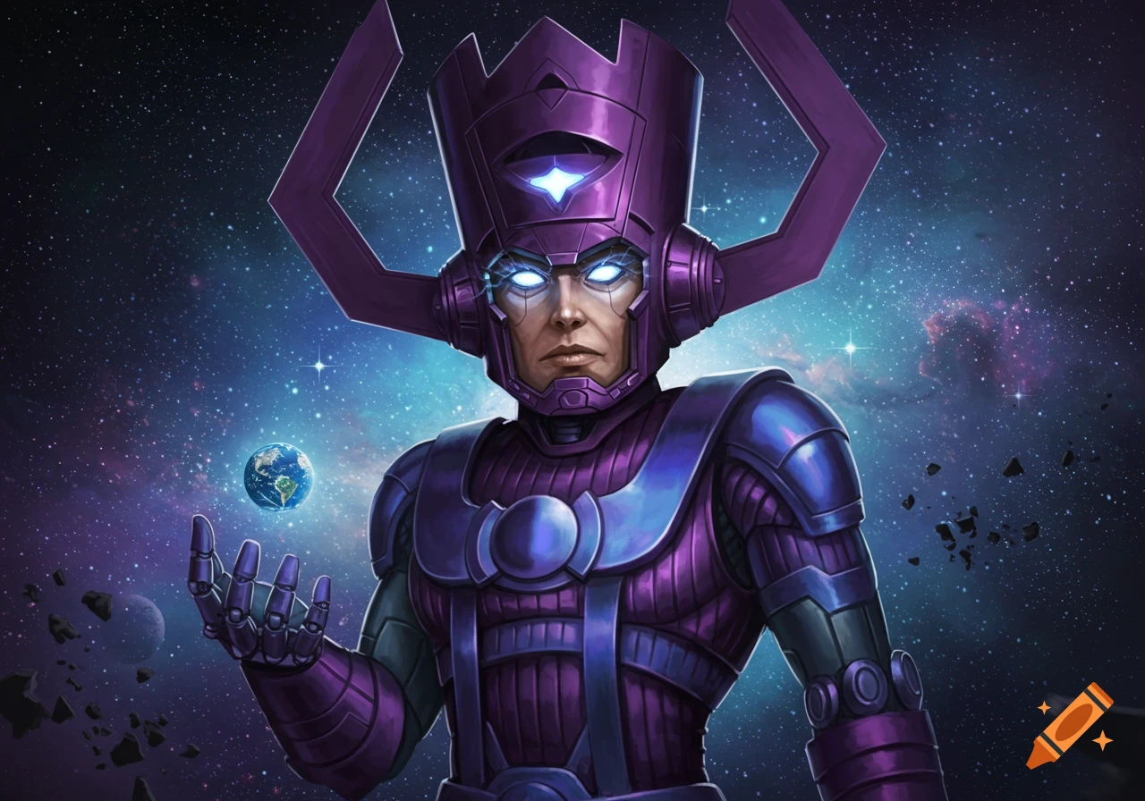 Galactus, a large purple figure in a distinctive helmet, holds a small Earth against a starry cosmic background.