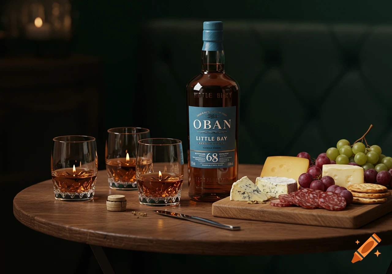 A photorealistic still life of an Oban Little Bay whisky bottle, three glasses with liquid, and a charcuterie board with cheese, salami, grapes, and crackers on a wooden table.