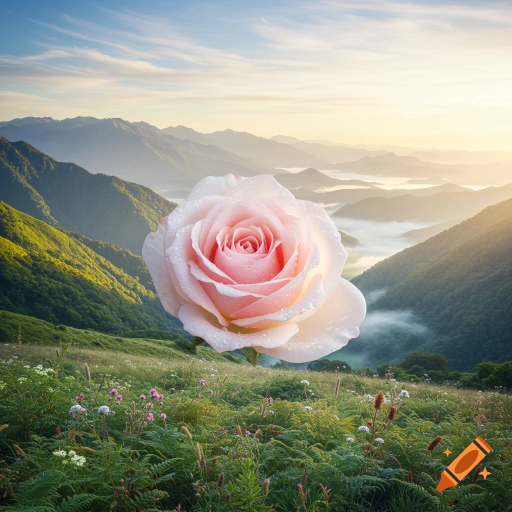 A large pink rose with water droplets floats above a green mountainous landscape with fog in the valleys under a sunny sky.