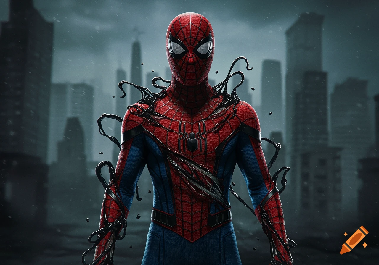 A hyper-realistic image of Spider-Man in his red and blue suit with black symbiote tendrils retreating from his body, set against a dark, stormy city background.