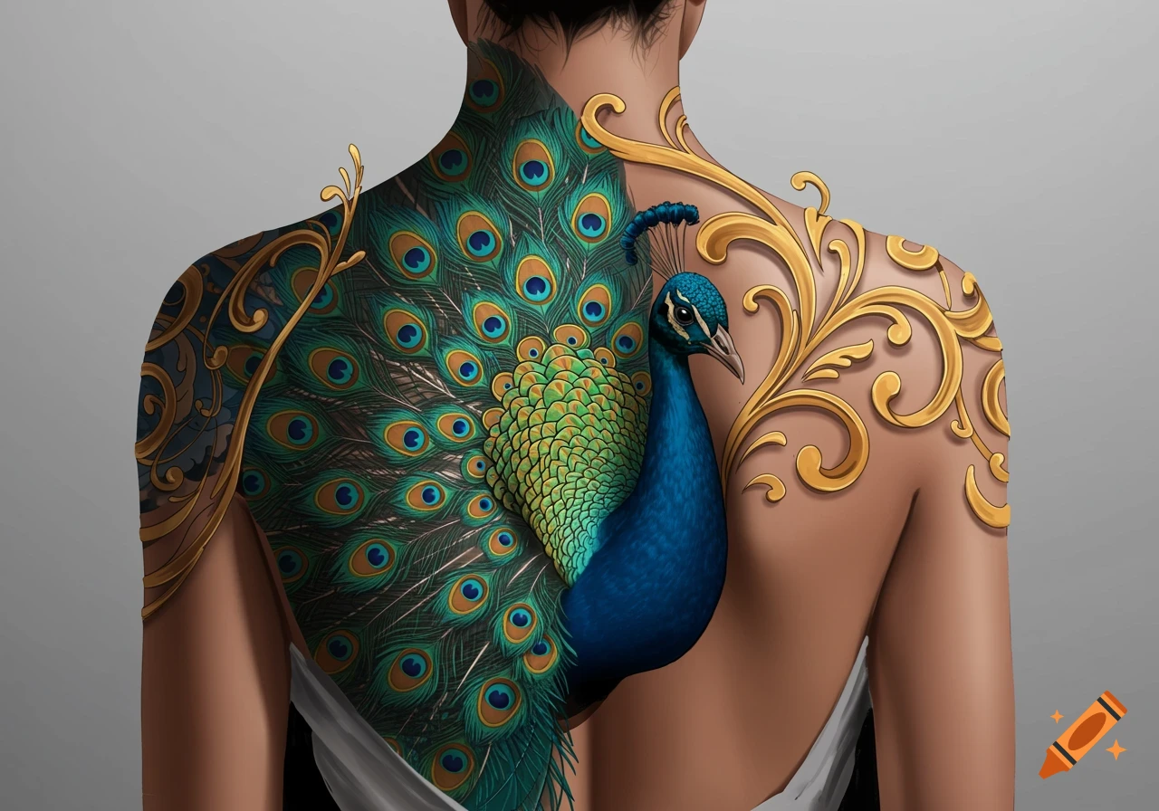 An illustrative image of a person's upper back and shoulders adorned with a large, vibrant tattoo of a blue and green peacock surrounded by ornate golden scrollwork.