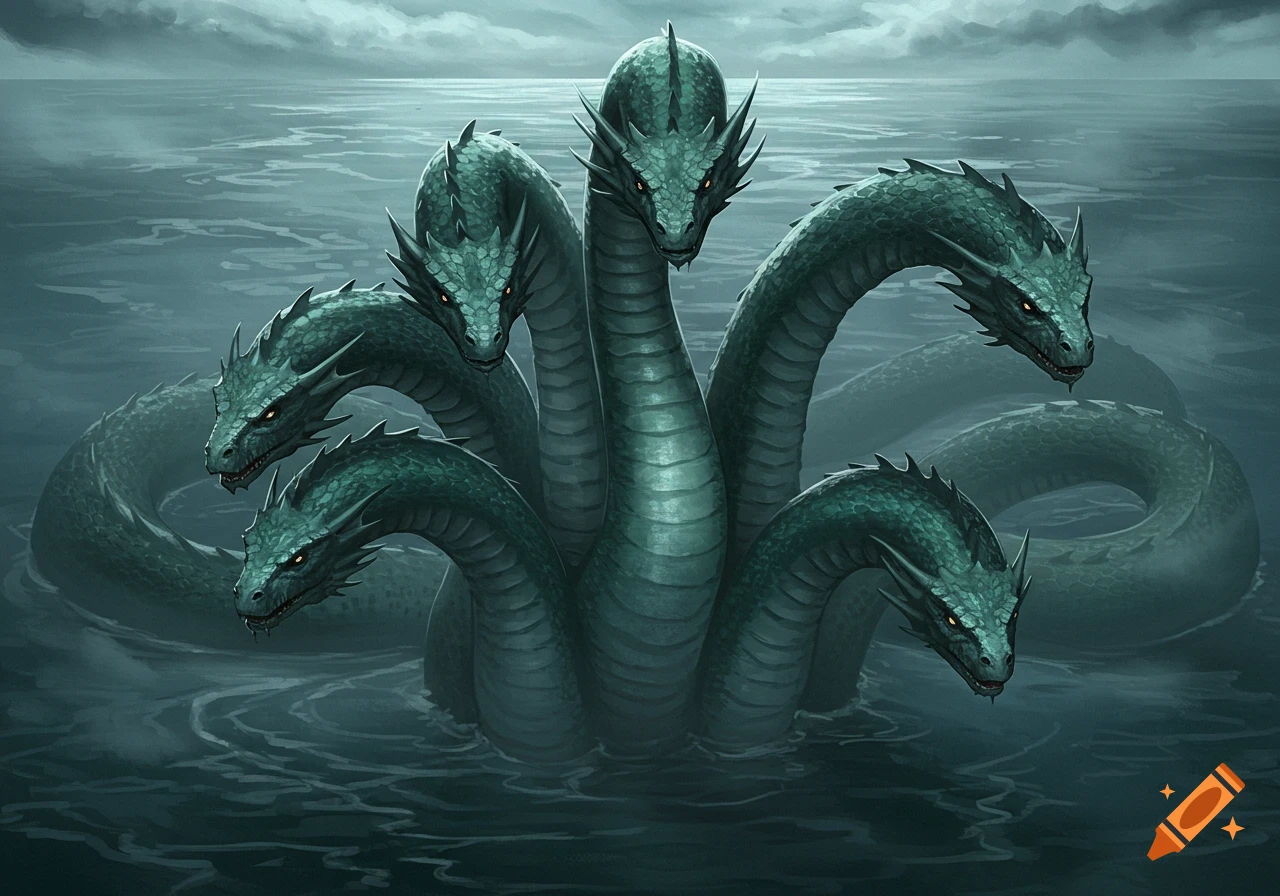 A multi-headed green hydra emerges from dark, rippling water under a stormy sky in a digital painting.