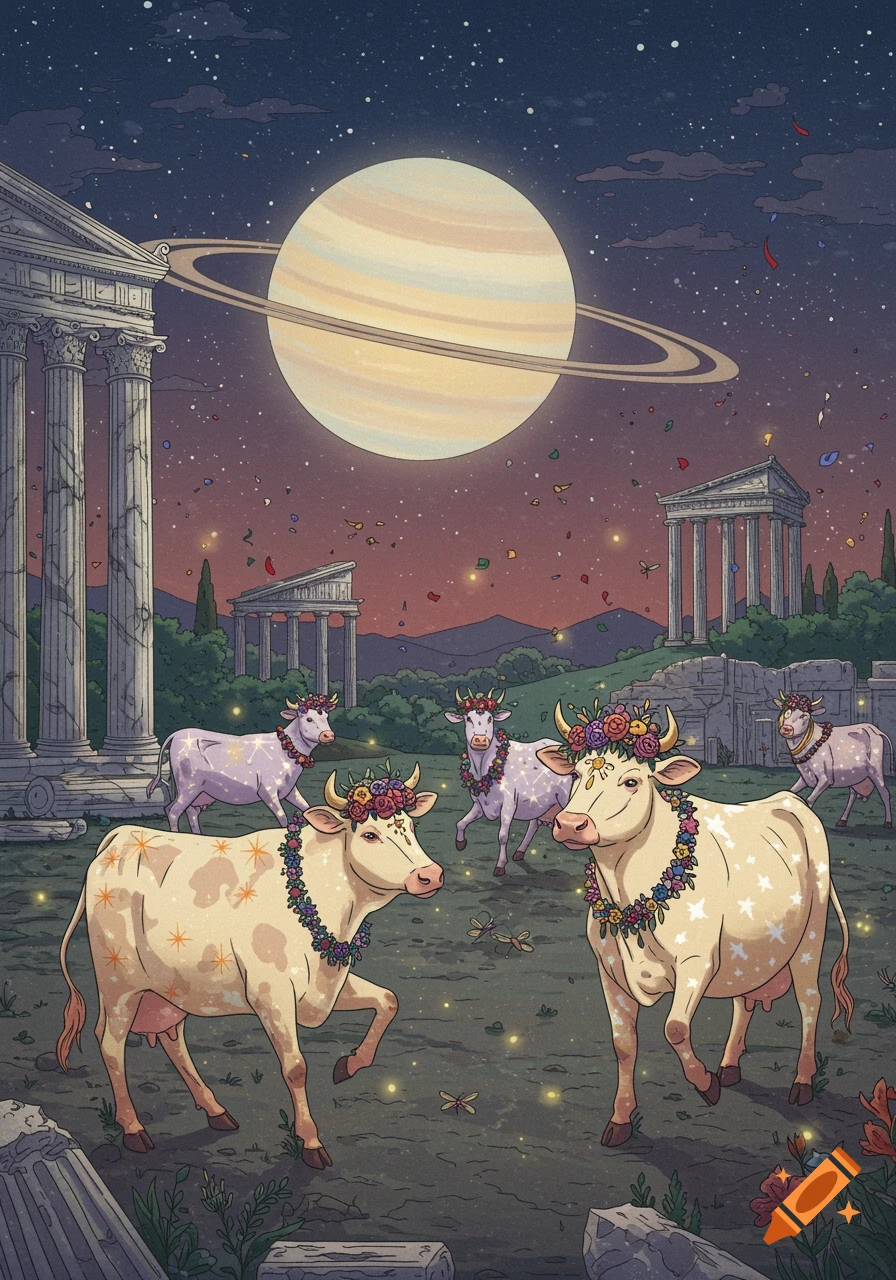 Illustrated scene of cows with flower garlands standing among ancient ruins under a night sky with Saturn and confetti falling.