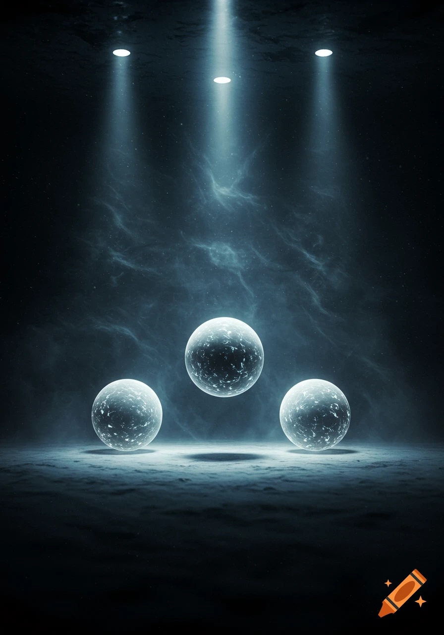 Three glowing, textured orbs float above a dark, textured surface, illuminated by three spotlights from above.