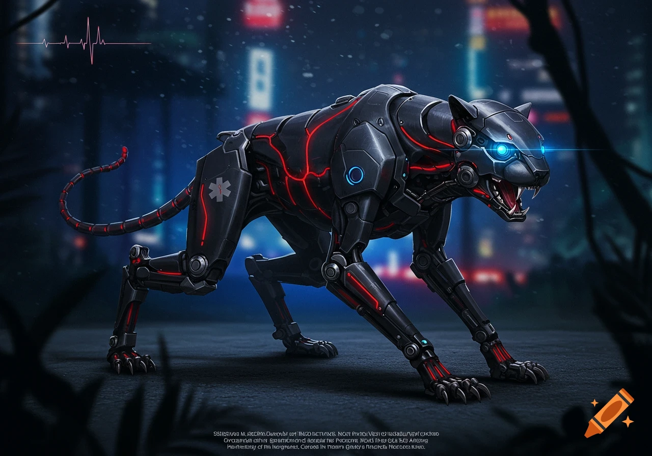 A sleek, black biomechanical panther with red glowing lines and blue eyes, crouching in a dark, futuristic city at night.