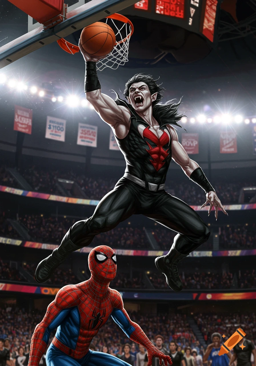 Morbius dunks a basketball over Spider-Man in a crowded stadium during a game, in a dynamic comic book art style.
