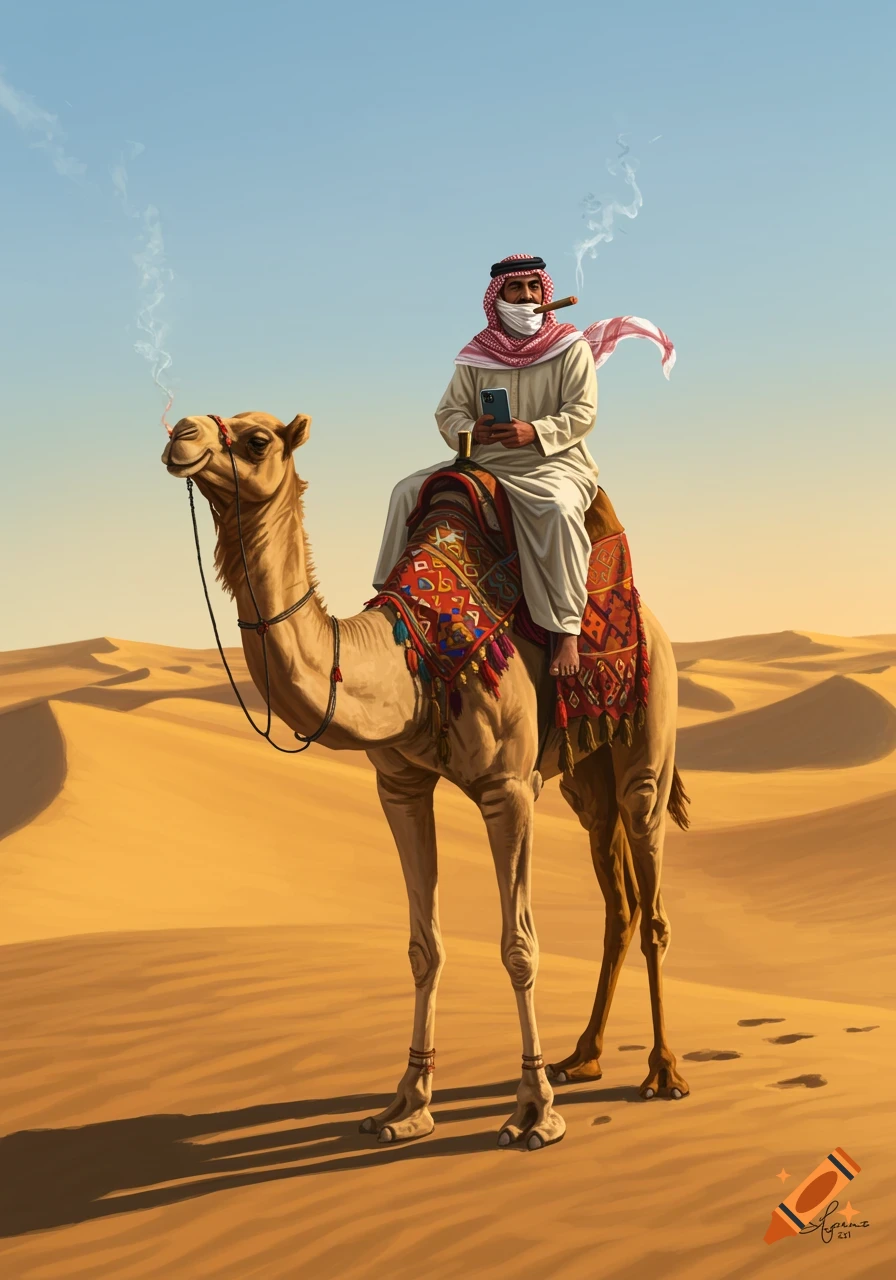 An Arab man in traditional attire rides a camel across sand dunes, holding a smartphone and smoking a cigar. Digital illustration.