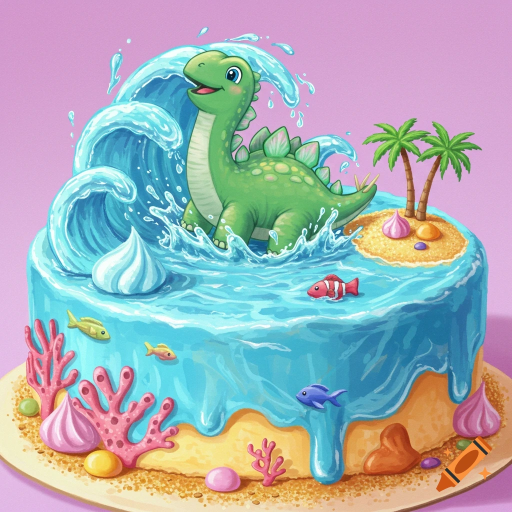 A cartoon birthday cake with a green dinosaur emerging from blue icing waves, surrounded by coral, fish, and miniature palm trees.