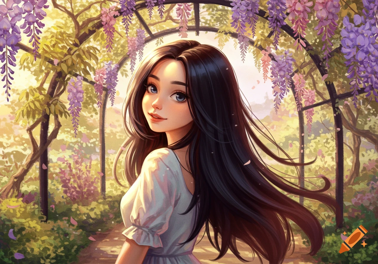 A stylized illustration of a young woman with dark hair and blue eyes looking over her shoulder, standing under a purple wisteria archway in a lush garden.