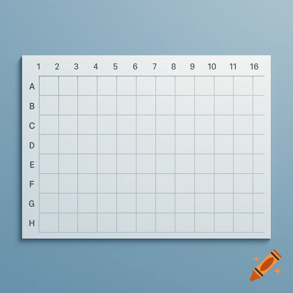 A white rectangular grid with numbered columns and lettered rows, set against a blue background.