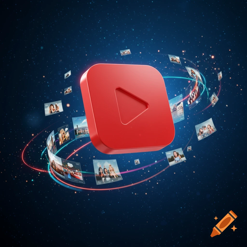 A 3D red play button surrounded by swirling media thumbnails and light trails against a dark, starry background.