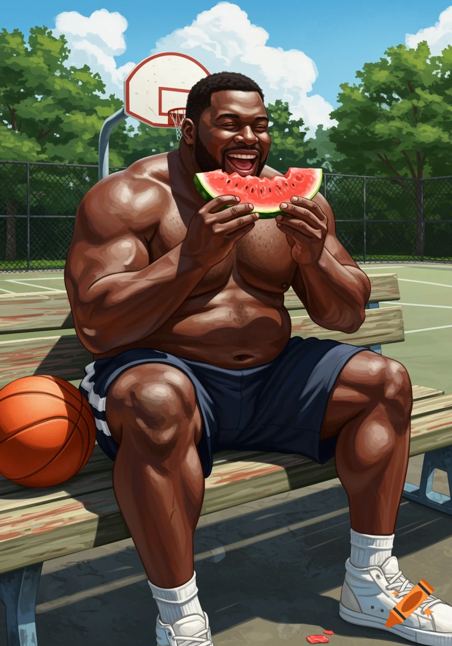 A muscular Black man laughs while eating watermelon on a bench at a sunny outdoor basketball court.