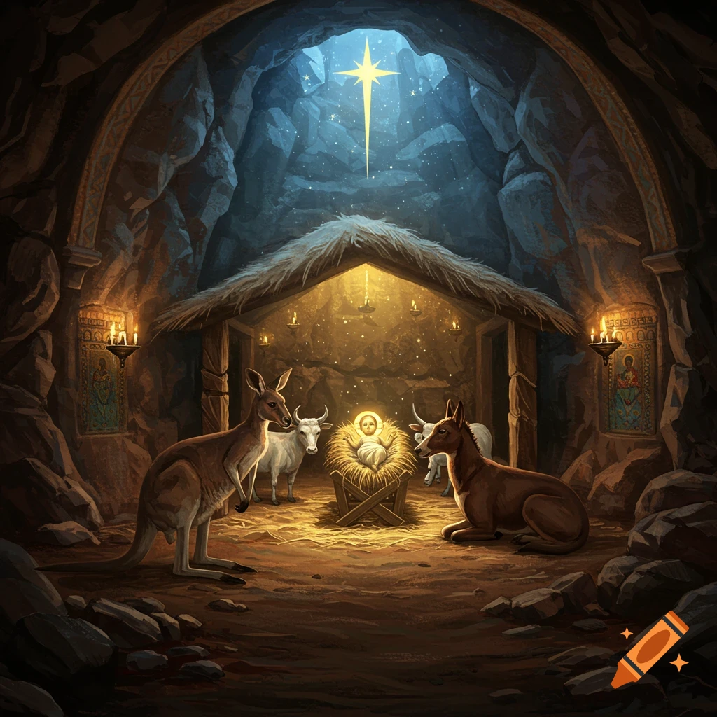 A glowing baby Jesus in a manger in a cave nativity scene, surrounded by a kangaroo, a bull, and a dog, under a bright star.