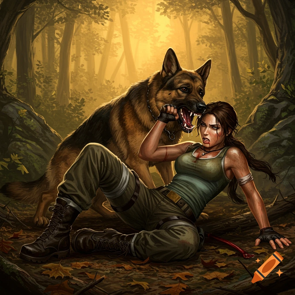 Lara Croft is pinned to the forest ground by a snarling German Shepherd, looking defiant. Digital illustration.