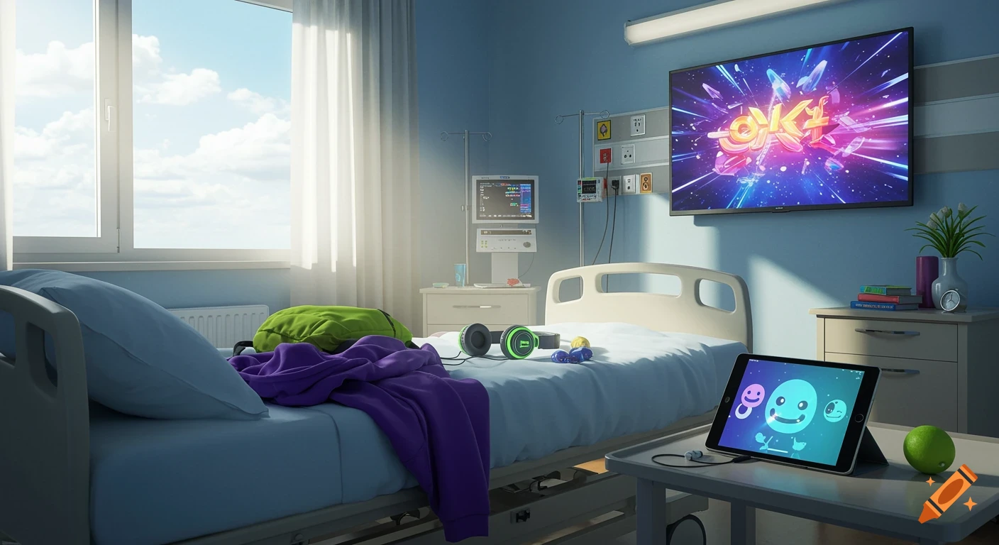 A brightly lit, realistic hospital room for a teenager, featuring a bed, a window with hopeful light, a large TV with colorful graphics, and a tablet on a bedside table.