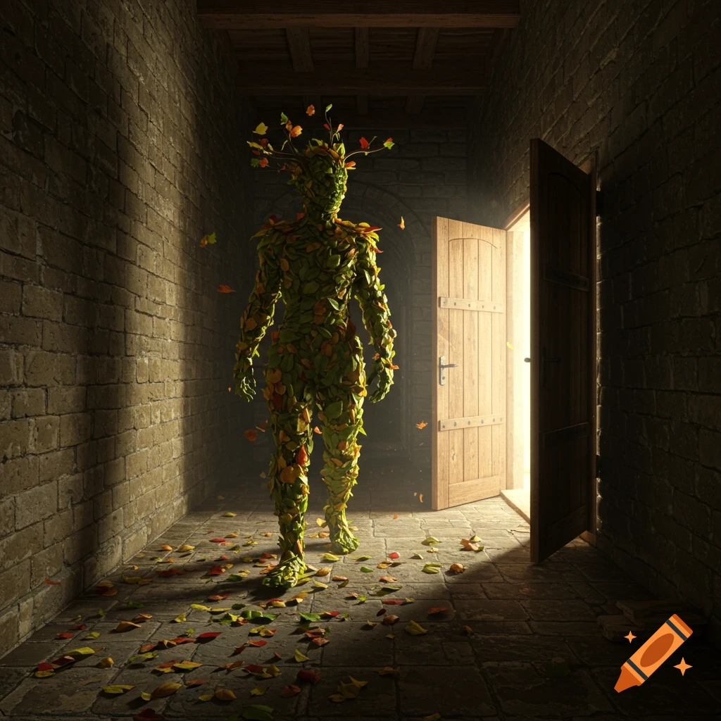 A figure made of green and autumn leaves stands in a dark brick hallway, light streaming from an open wooden door, scattered leaves on the floor.