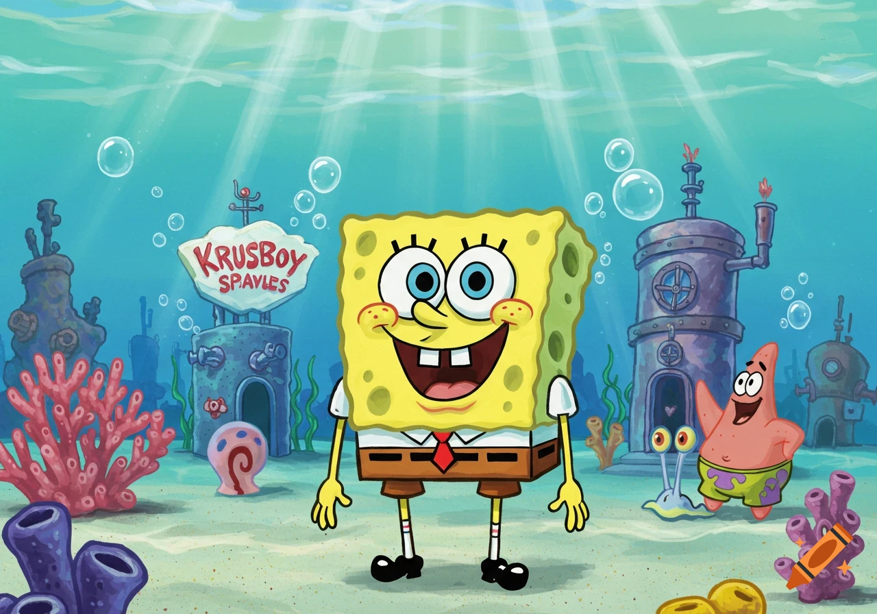 SpongeBob and Patrick on the ocean floor, with Gary, in front of buildings including a sign reading 'KRUSBOY SPAVLES'.
