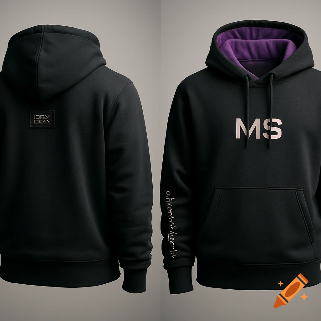 Two black hoodies displayed, one showing the back with a small square label, and the other showing the front with a purple hood lining and 'MS' logo. There's illegible text on the sleeve of the front-facing hoodie.