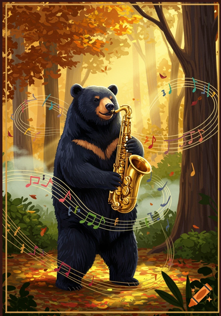 An illustrated black bear playing a golden saxophone in an autumn forest with musical notes floating around.